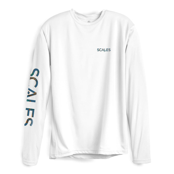 White Dorado L/S Performance long sleeve tee by Scalesgear.com, featuring lightweight fabric and athletic fit for active wear.