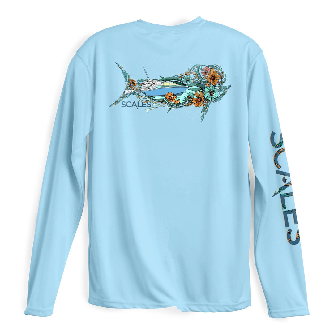 Blue Dorado L/S Performance long sleeve tee by Scalesgear.com, featuring lightweight fabric and athletic fit for active wear.