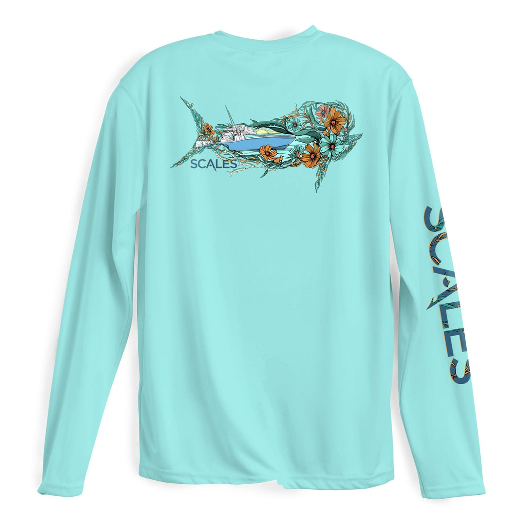 Seafoam green Dorado L/S Performance long sleeve tee by Scalesgear.com, featuring lightweight fabric and subtle branding.