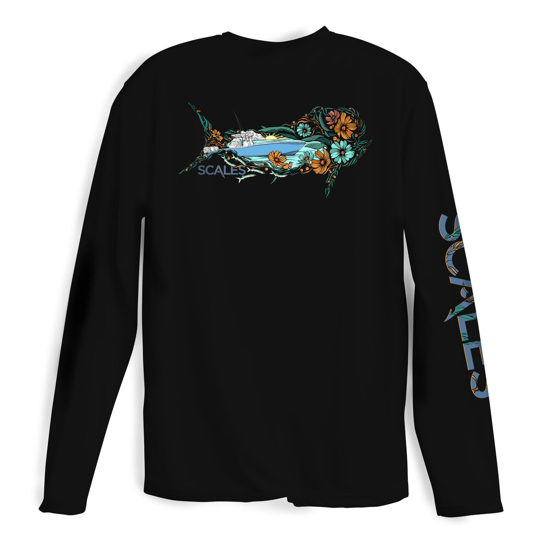 Black long sleeve performance tee from Scalesgear.com, Dorado L/S Performance shirt with breathable fabric and athletic fit.