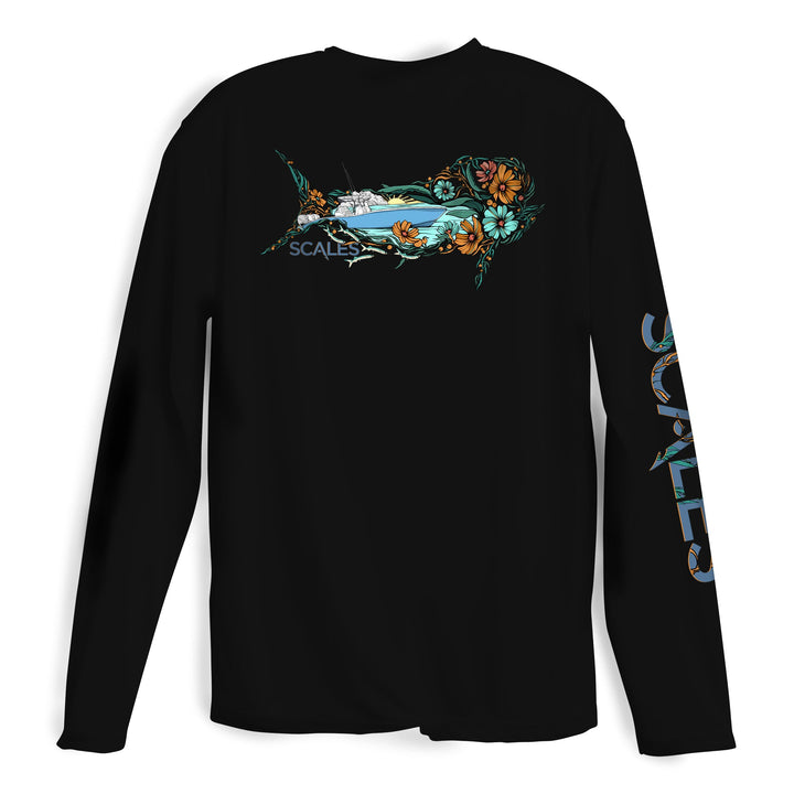Black long sleeve performance tee from Scalesgear.com, Dorado L/S Performance shirt with breathable fabric and athletic fit.