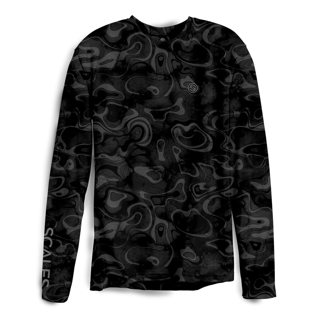 Black Topo LS Performance Long Sleeve Tee by Scalesgear.com featuring a fitted design and performance fabric.