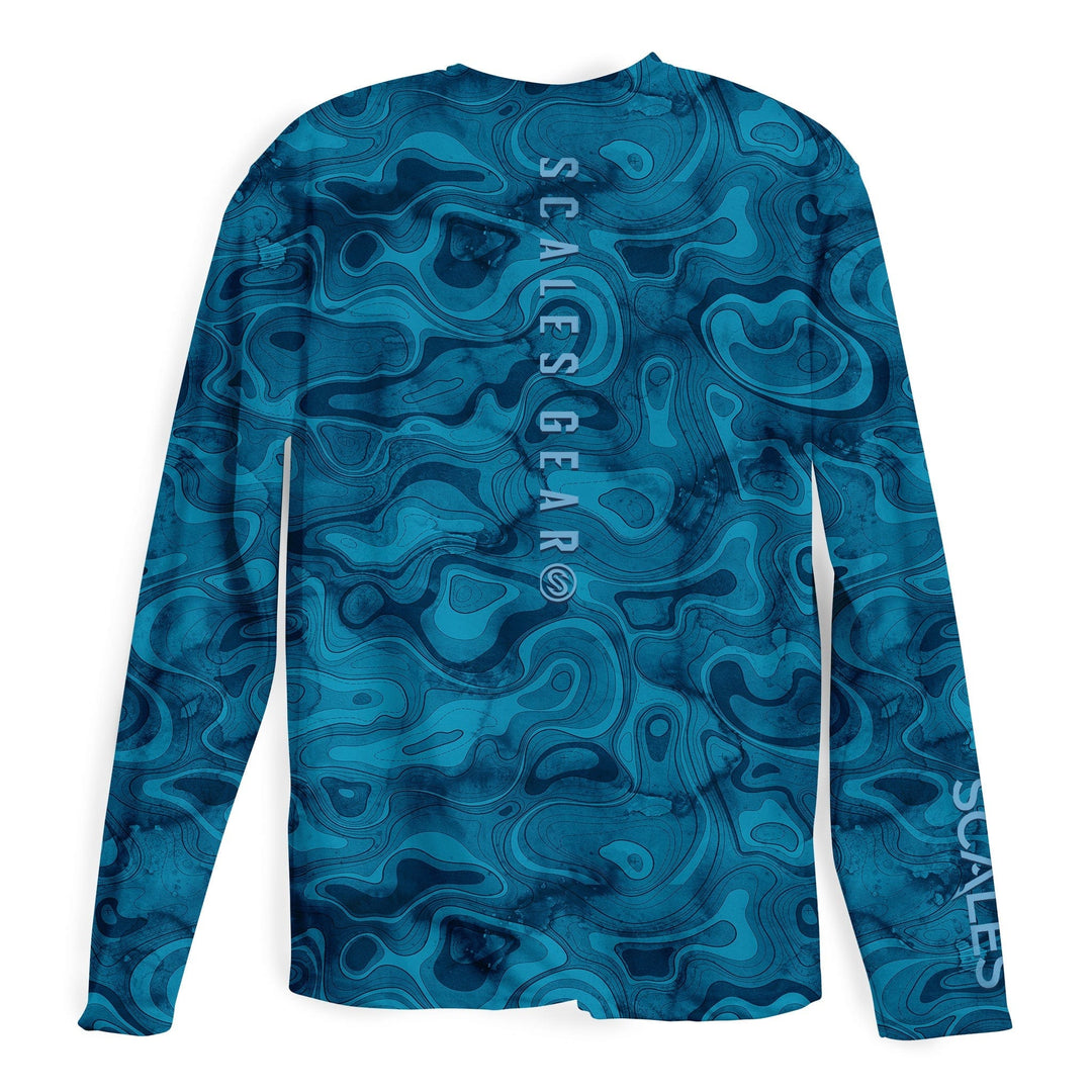 Blue Topo LS Performance long sleeve tee by Scalesgear.com, featuring a sleek, fitted design with performance fabric for active wear.