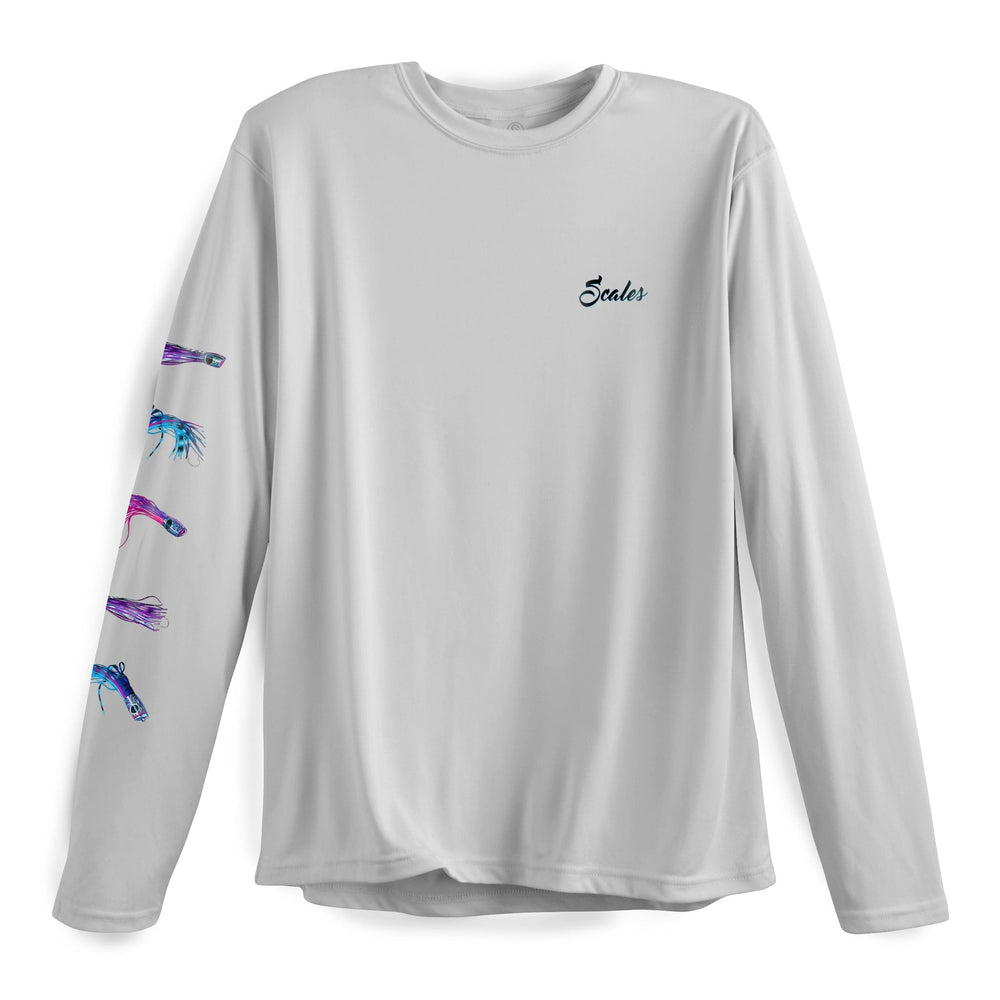 Gray long sleeve performance tee from Scalesgear.com featuring the Chasing Skirts LS Performance design.