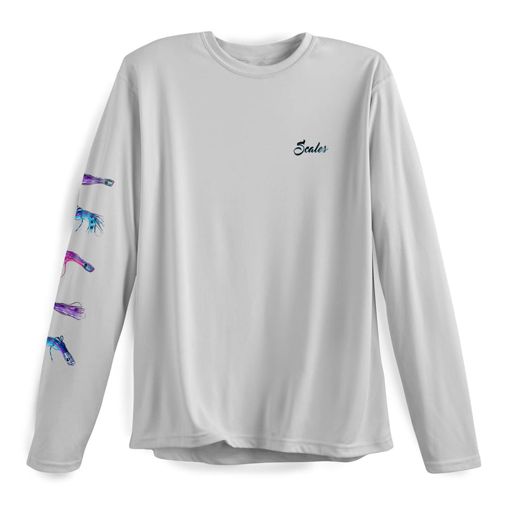 Gray long sleeve performance tee from Scalesgear.com featuring the Chasing Skirts LS Performance design.