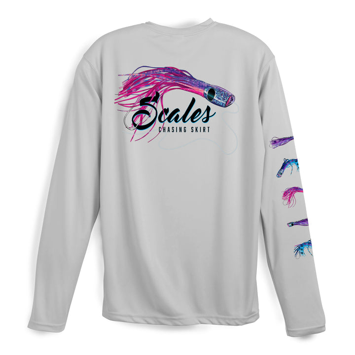 Grey long sleeve performance tee from Scalesgear.com with "Chasing Skirts" logo, designed for active wear and comfort.