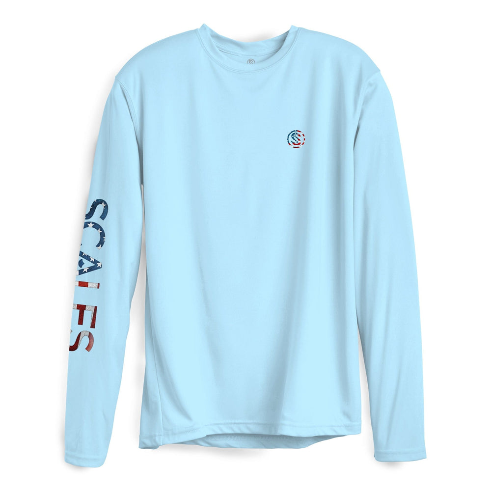 Blue Seas LS Performance long sleeve tee by Scalesgear.com, featuring a blue design with performance fabric and stylish fit.