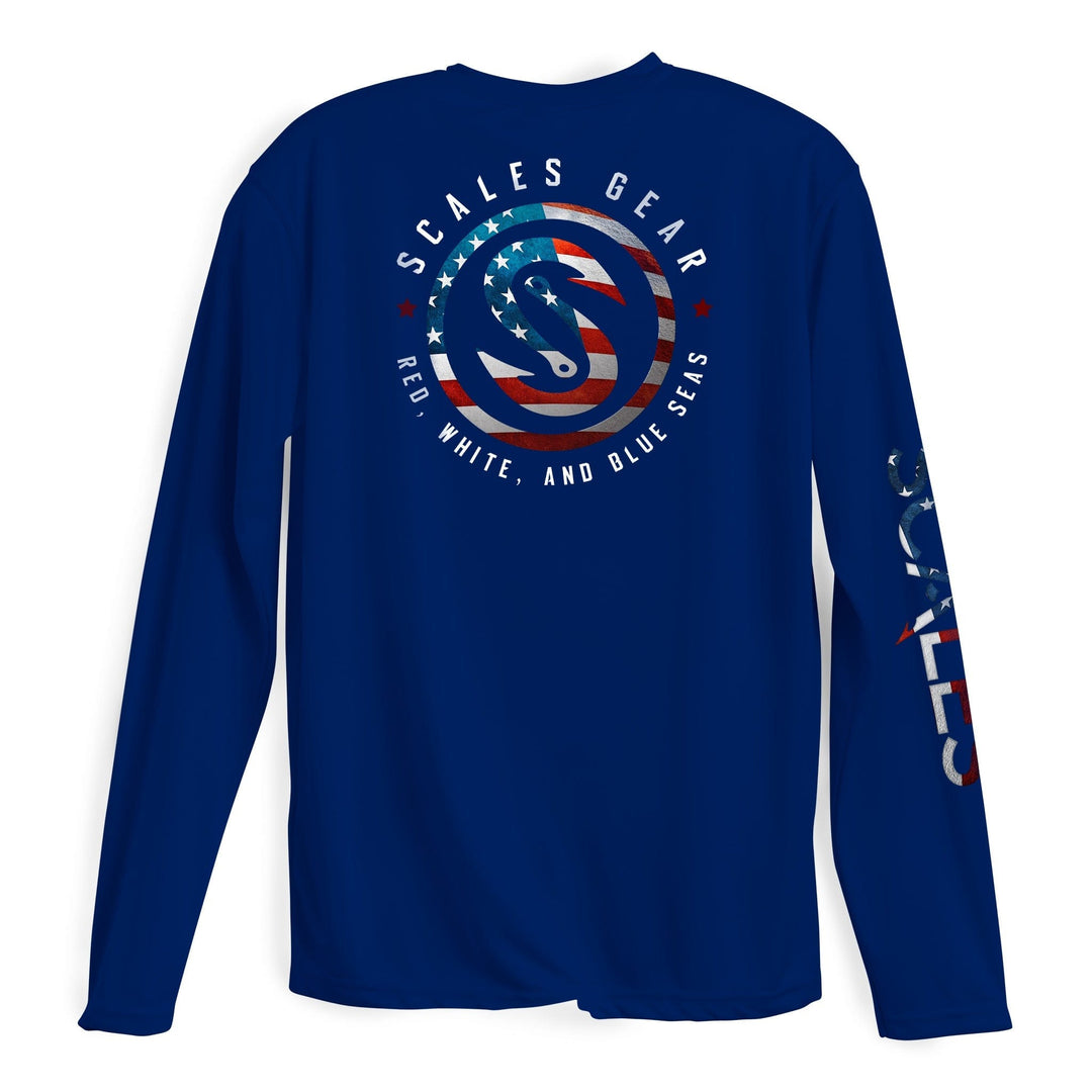 Blue Seas LS Performance long sleeve tee by Scalesgear with blue marine design on soft fabric.