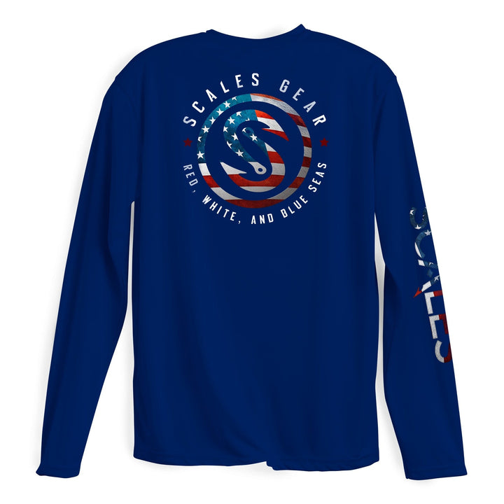 Blue Seas LS Performance long sleeve tee by Scalesgear with blue marine design on soft fabric.