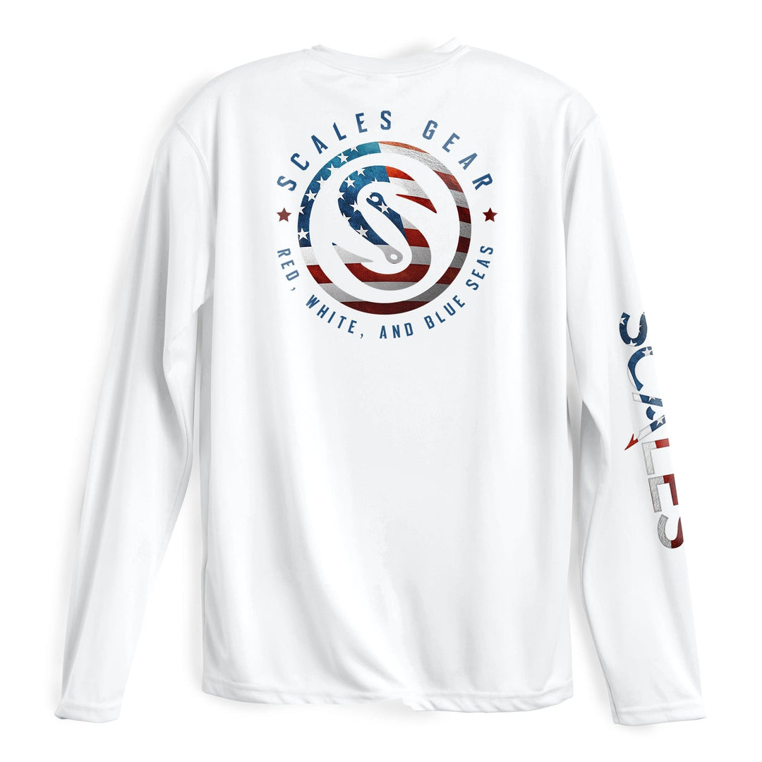 Blue Seas LS Performance long sleeve tee by Scalesgear.com, white performance shirt with blue seas design, casual athletic style.