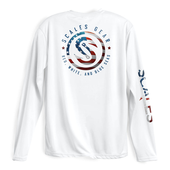 Blue Seas LS Performance long sleeve tee by Scalesgear.com, white performance shirt with blue seas design, casual athletic style.