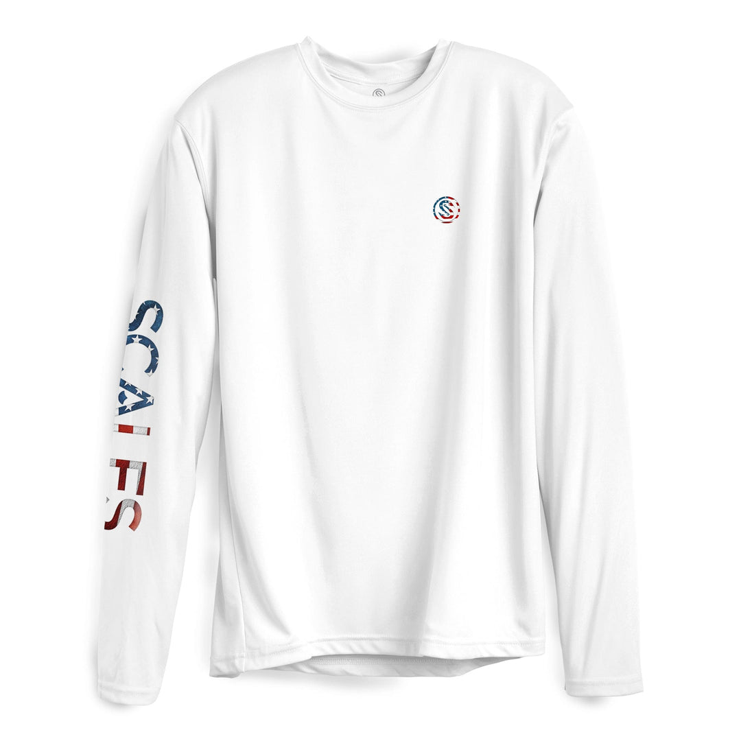Blue Seas LS Performance long sleeve tee by Scalesgear.com, featuring a white fabric with blue seas graphic design.