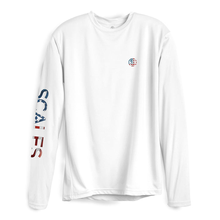 Blue Seas LS Performance long sleeve tee by Scalesgear.com, featuring a white fabric with blue seas graphic design.