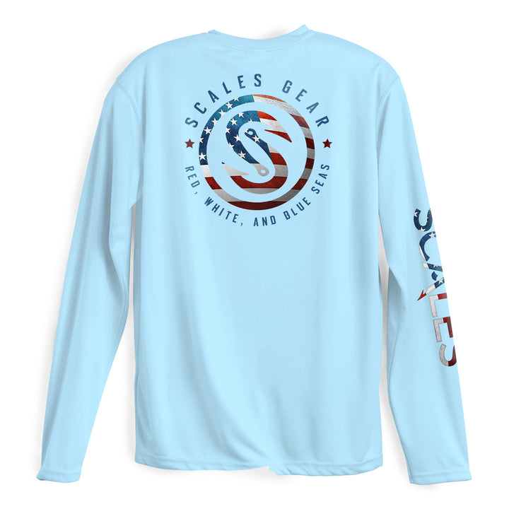 Blue Seas LS Performance long sleeve tee from Scalesgear.com featuring a blue fabric and performance design.
