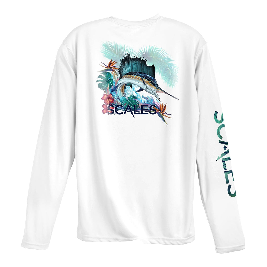 White Sail Dreams long sleeve performance tee by Scalesgear.com, featuring a comfortable fit and sailboat graphic design.