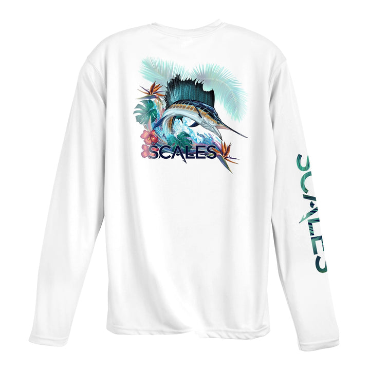 White Sail Dreams long sleeve performance tee by Scalesgear.com, featuring a comfortable fit and sailboat graphic design.