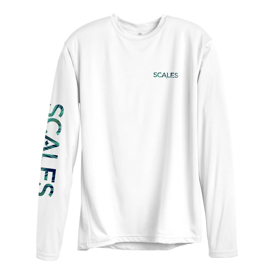 White Sail Dreams long sleeve performance tee by Scalesgear.com, featuring breathable fabric and nautical-inspired design.