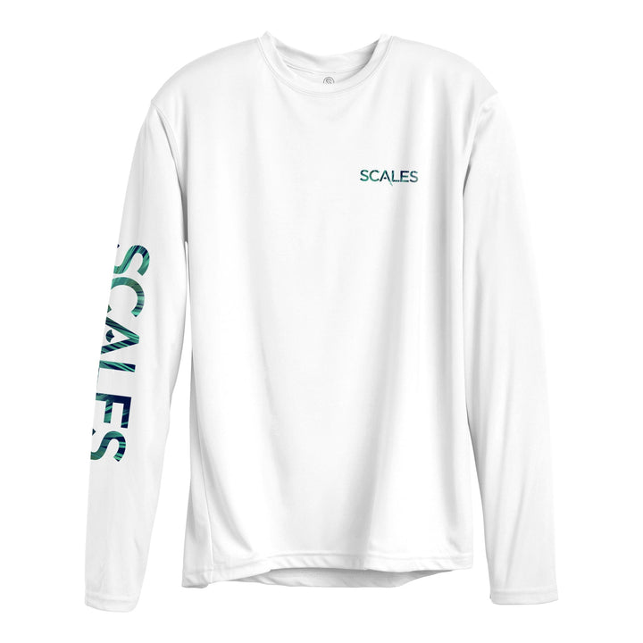 White Sail Dreams long sleeve performance tee by Scalesgear.com, featuring breathable fabric and nautical-inspired design.