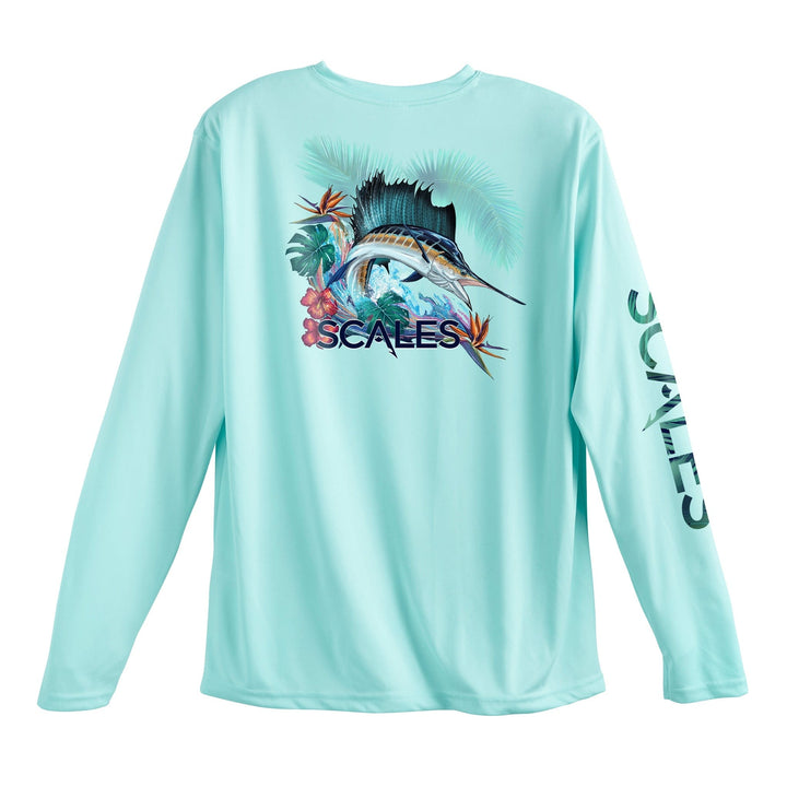 Seafoam green Sail Dreams long sleeve performance tee by Scalesgear.com, featuring lightweight, breathable fabric with printed sailboat design.