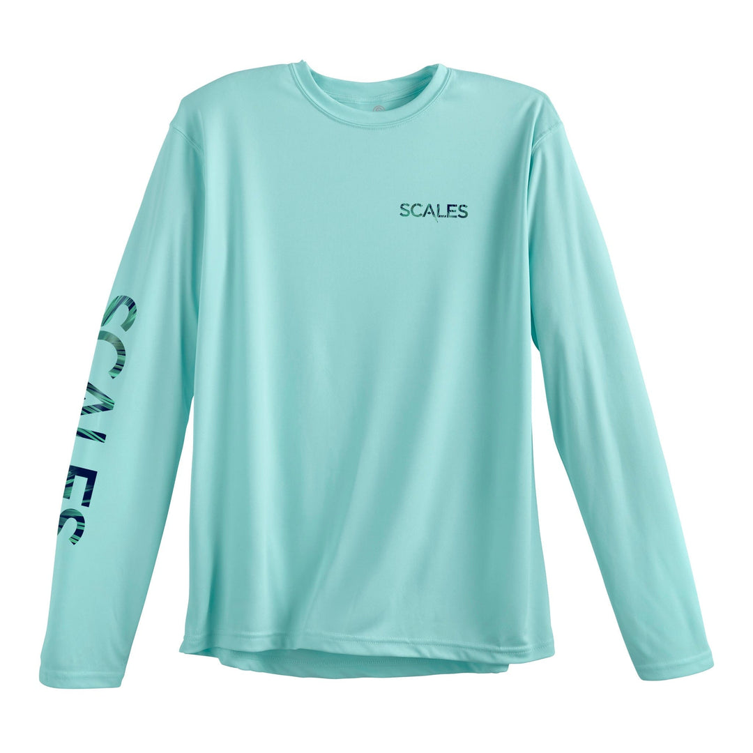 Seafoam green Sail Dreams long sleeve performance tee by Scalesgear.com, featuring lightweight fabric and nautical-inspired design.