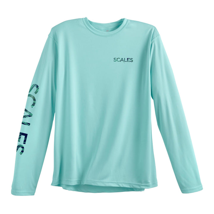 Seafoam green Sail Dreams long sleeve performance tee by Scalesgear.com, featuring lightweight fabric and nautical-inspired design.