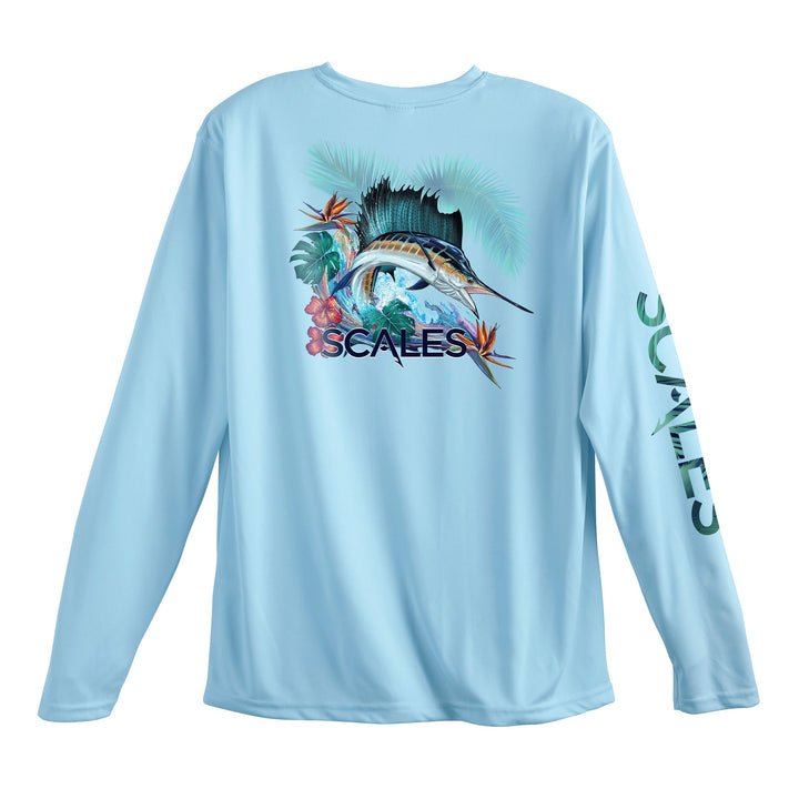 Long sleeve performance tee in light blue from Sail Dreams collection by Scalesgear.com, featuring moisture-wicking fabric and sporty design.