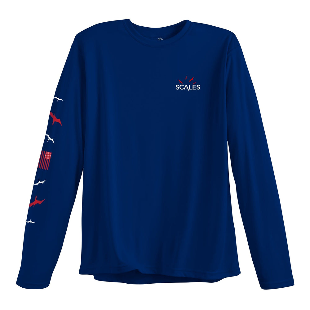 American Frigate LS Performance Long Sleeve Tee by Scalesgear.com, showcasing a navy blue performance long sleeve shirt with marine-themed design.