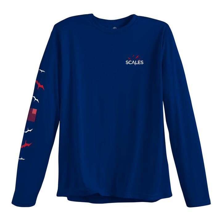 American Frigate LS Performance Long Sleeve Tee by Scalesgear.com, showcasing a navy blue performance long sleeve shirt with marine-themed design.