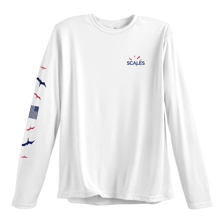 White American Frigate LS Performance long sleeve tee by Scalesgear.com, featuring a sleek design and comfortable fit.