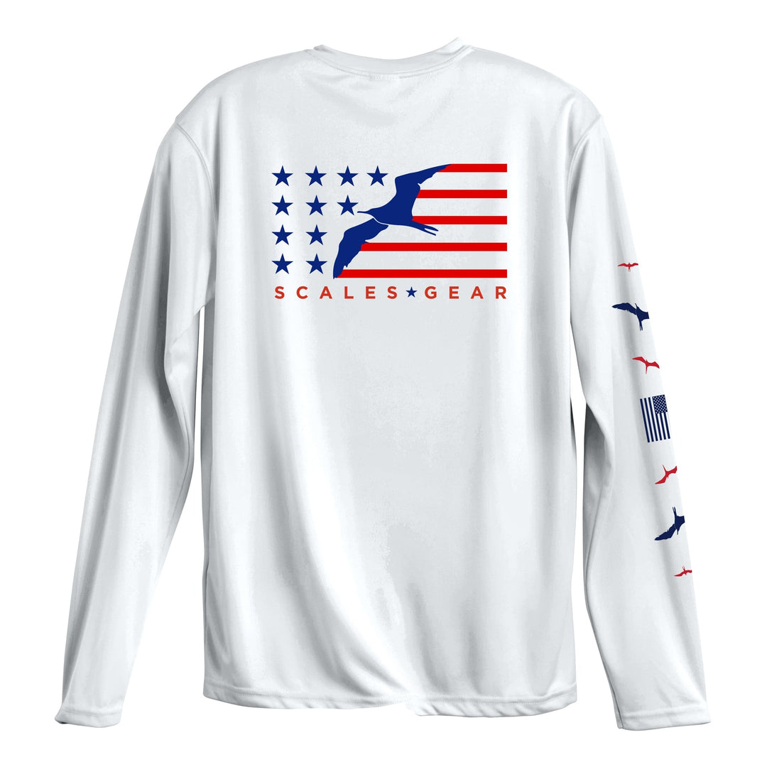 White American Frigate LS Performance Long Sleeve Tee by Scalesgear.com with a crew neck and printed design on the front.