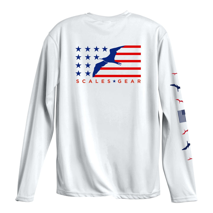 White American Frigate LS Performance Long Sleeve Tee by Scalesgear.com with a crew neck and printed design on the front.