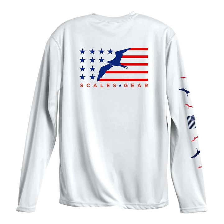 American Frigate LS Performance Tee by Scalesgear.com, long sleeve shirt with maritime-themed design featuring ship graphics.