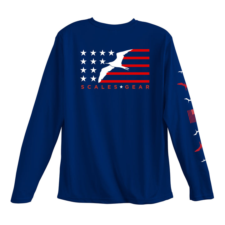 American Frigate LS Performance long sleeve tee by Scalesgear.com, navy blue with marine-themed design and performance fabric.