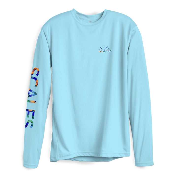 Light blue 808 Marlin long sleeve performance tee by Scalesgear.com, featuring a sleek design and comfortable fit.