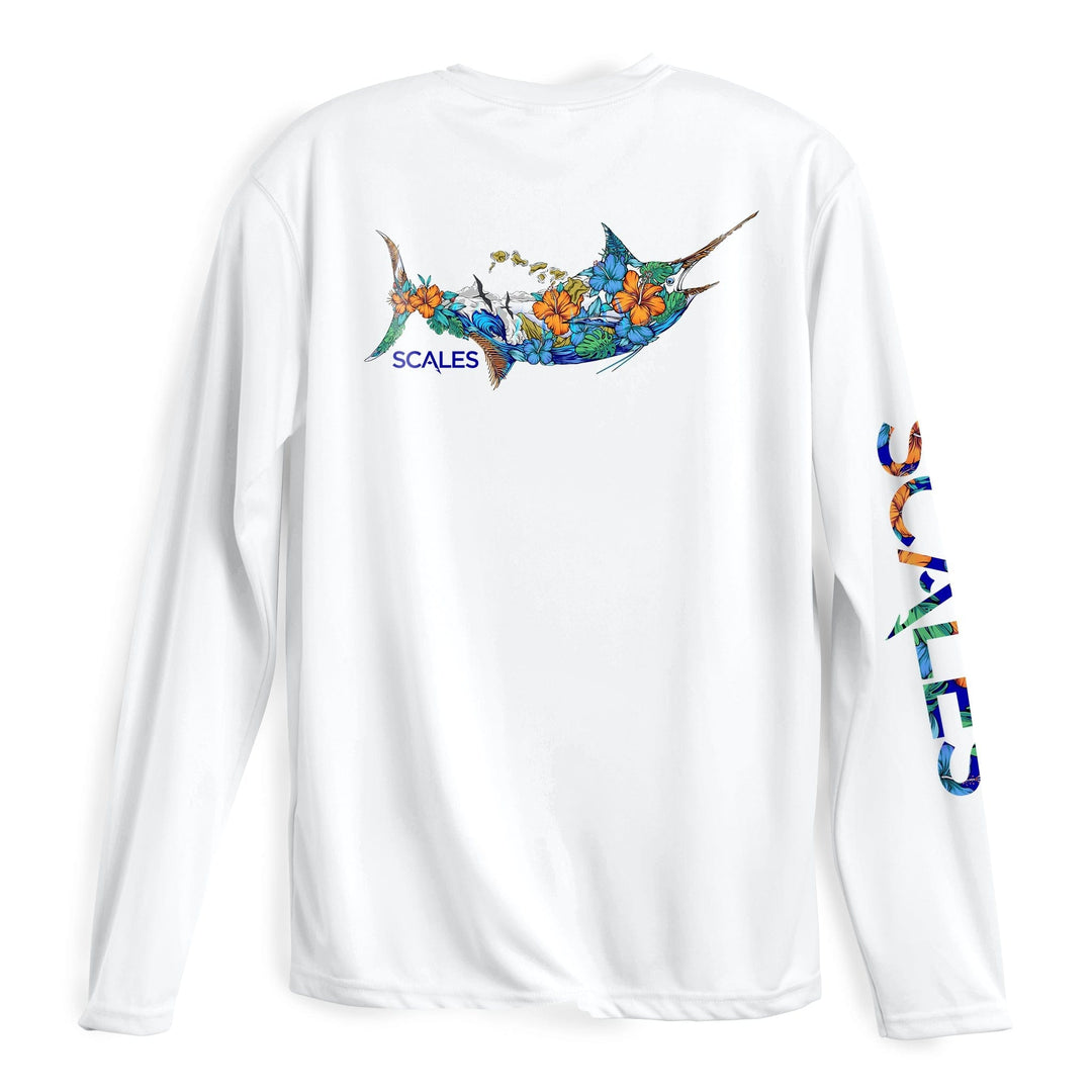 White 808 Marlin long sleeve performance tee by Scalesgear featuring sleek design and comfortable fit for active wear.