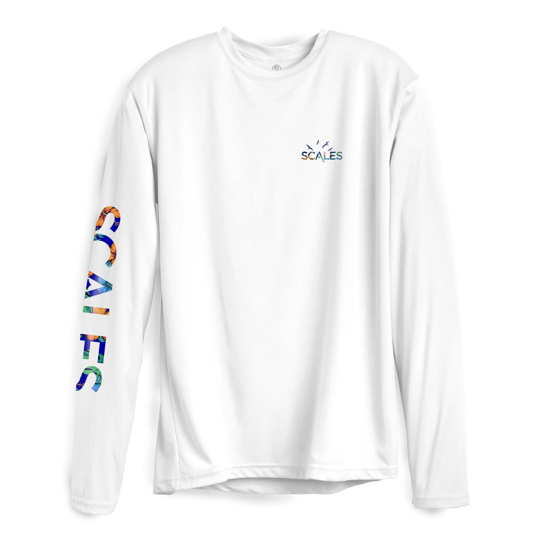 White 808 Marlin long sleeve performance tee by Scalesgear.com, featuring lightweight fabric and fishing-inspired design.