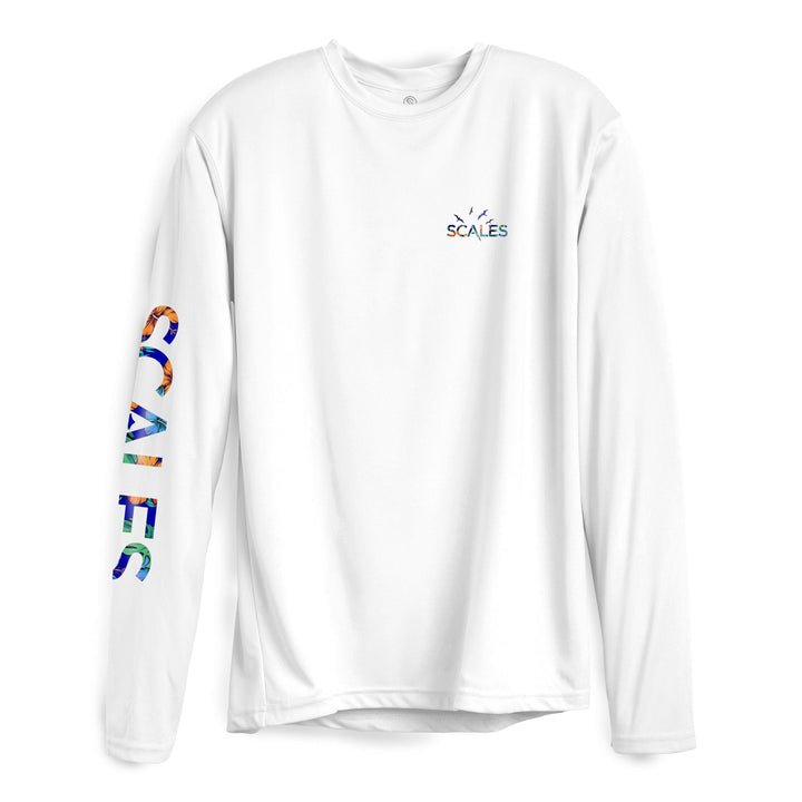 White 808 Marlin long sleeve performance tee by Scalesgear.com, featuring lightweight fabric and fishing-inspired design.