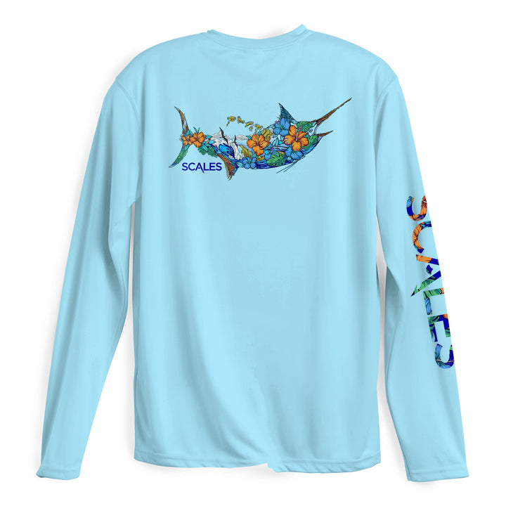 Light blue 808 Marlin long sleeve performance tee by Scalesgear.com, shown flat with logo detail on the front.