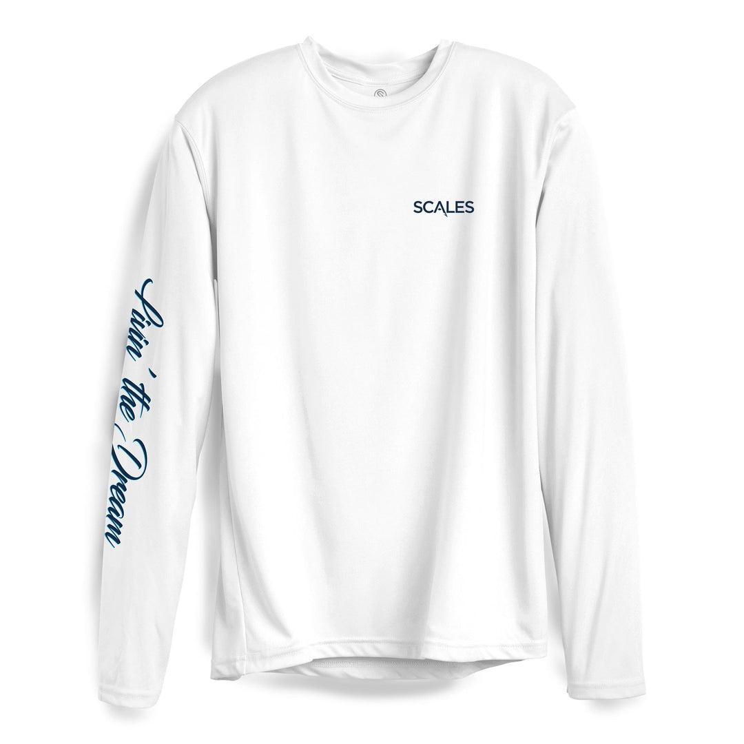 White Living The Dream LS Performance Long Sleeve Tee by Scalesgear.com, featuring a comfortable fit and performance fabric.