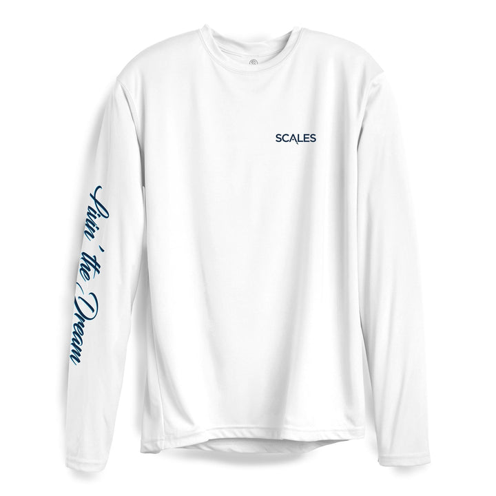 White Living The Dream LS Performance Long Sleeve Tee by Scalesgear.com, featuring a comfortable fit and performance fabric.