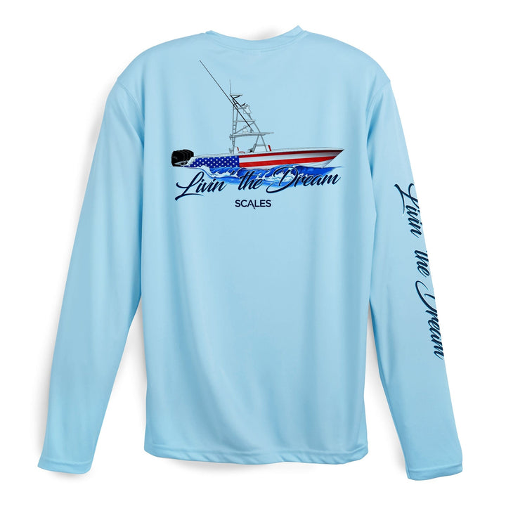 Light blue Scalesgear Living The Dream LS Performance long sleeve tee with performance fabric and printed design, front view.