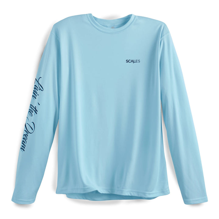 Light blue long sleeve performance tee from Scalesgear.com's Living The Dream LS Performance collection, featuring a comfortable fit and logo.