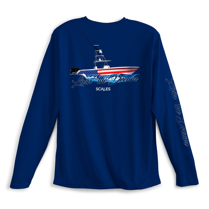 Marine blue long sleeve performance tee by Scalesgear.com from the Living The Dream LS Performance collection, shown on a hanger.