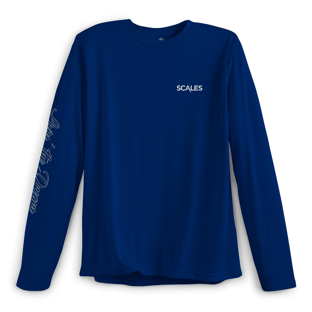 Marine blue long sleeve performance T-shirt from Scalesgear's Living The Dream LS Performance collection, with a fitted design.