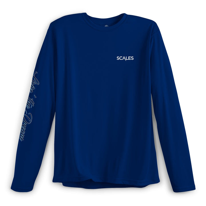 Marine blue long sleeve performance T-shirt from Scalesgear's Living The Dream LS Performance collection, with a fitted design.