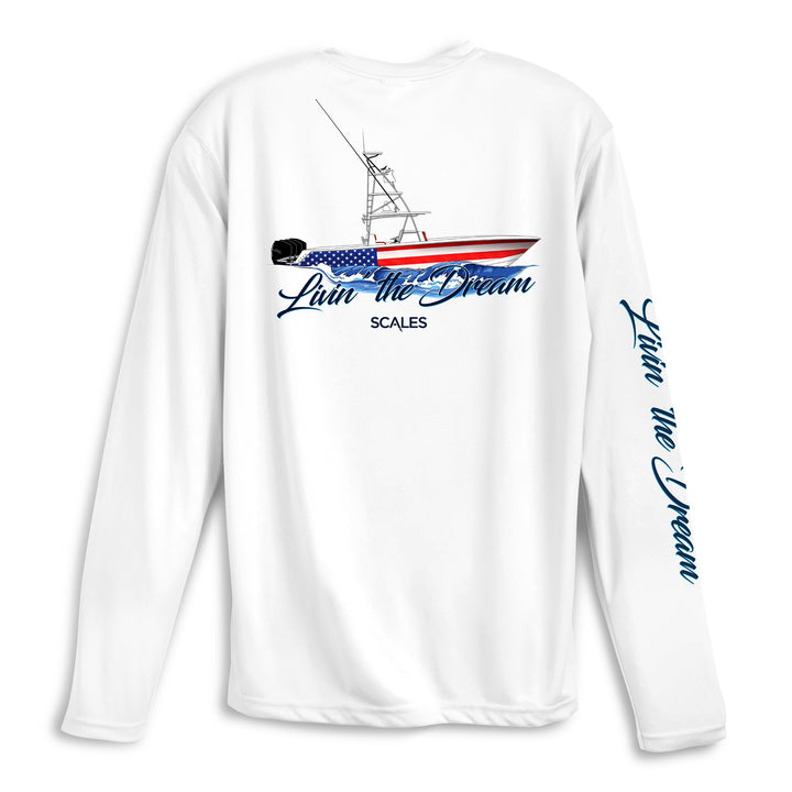 White Scalesgear.com Living The Dream LS Performance long sleeve tee with graphic design, displayed flat on a white background.