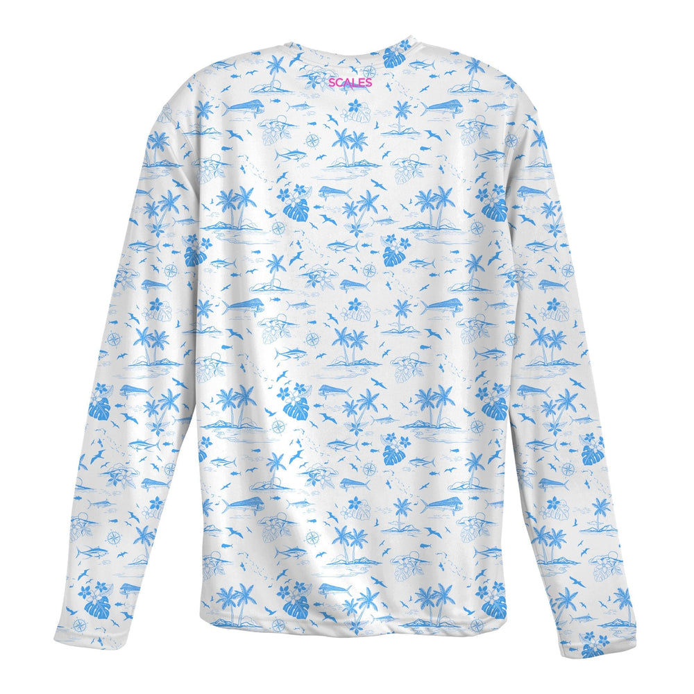 White long sleeve performance tee from Never A Tourist LS Performance by Scalesgear.com, featuring a casual fit and breathable fabric.