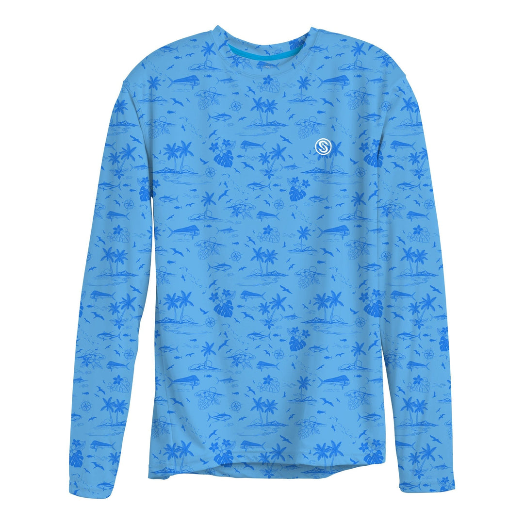 Powder blue long sleeve performance tee by Scalesgear.com, featuring the Never A Tourist LS Performance logo and design.