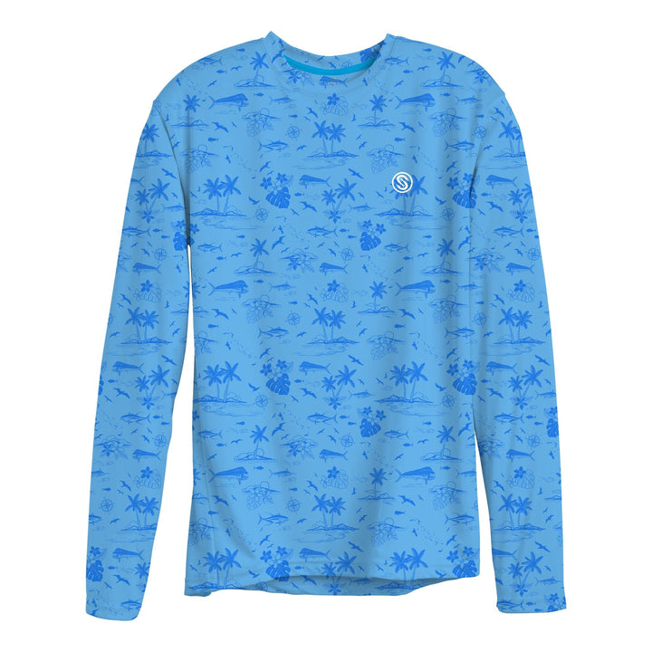 Powder blue long sleeve performance tee by Scalesgear.com, featuring the Never A Tourist LS Performance logo and design.