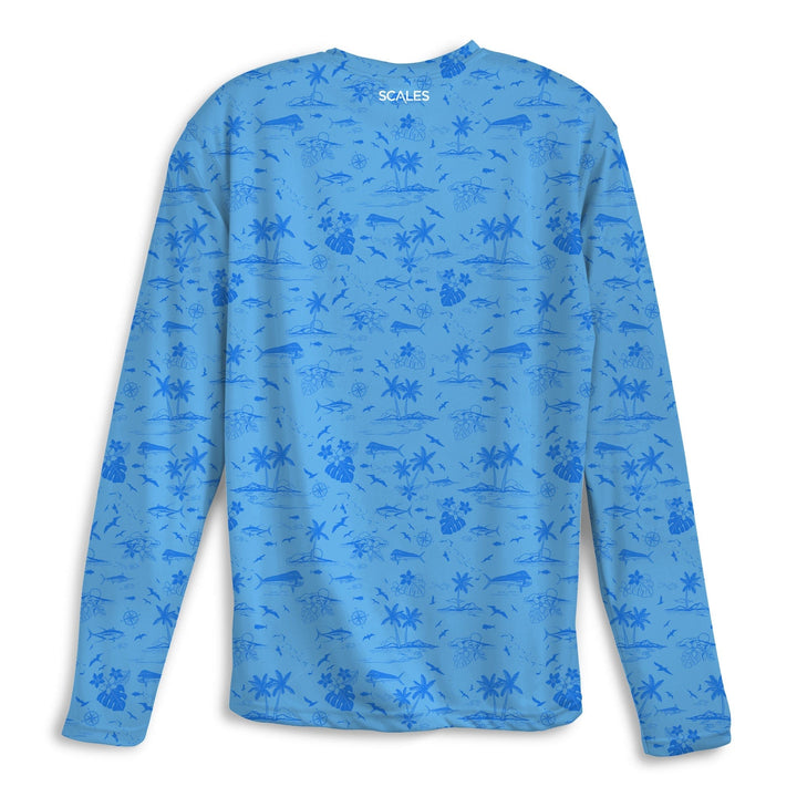 Light blue Never A Tourist LS Performance long sleeve tee by Scalesgear.com, featuring breathable fabric and casual fit.